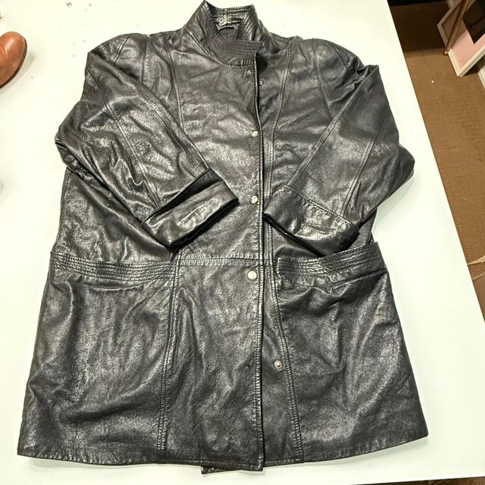 Vintage Black Genuine Leather Jacket | XL | Snap Front Long Coat